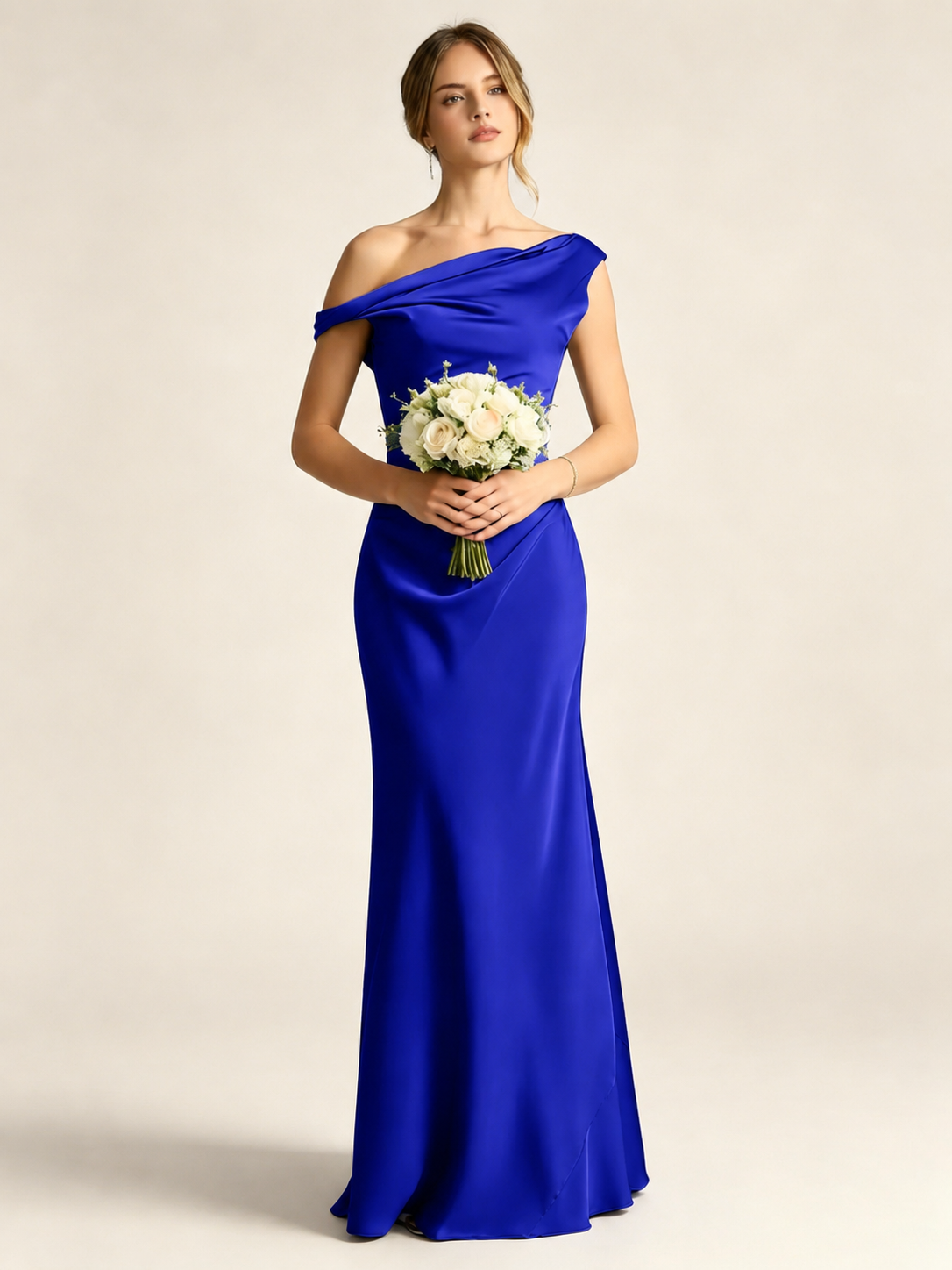Satin Mermaid Bridesmaid Maxi Dress, Asymmetrical Off Shoulder Ruched Waist Open Back