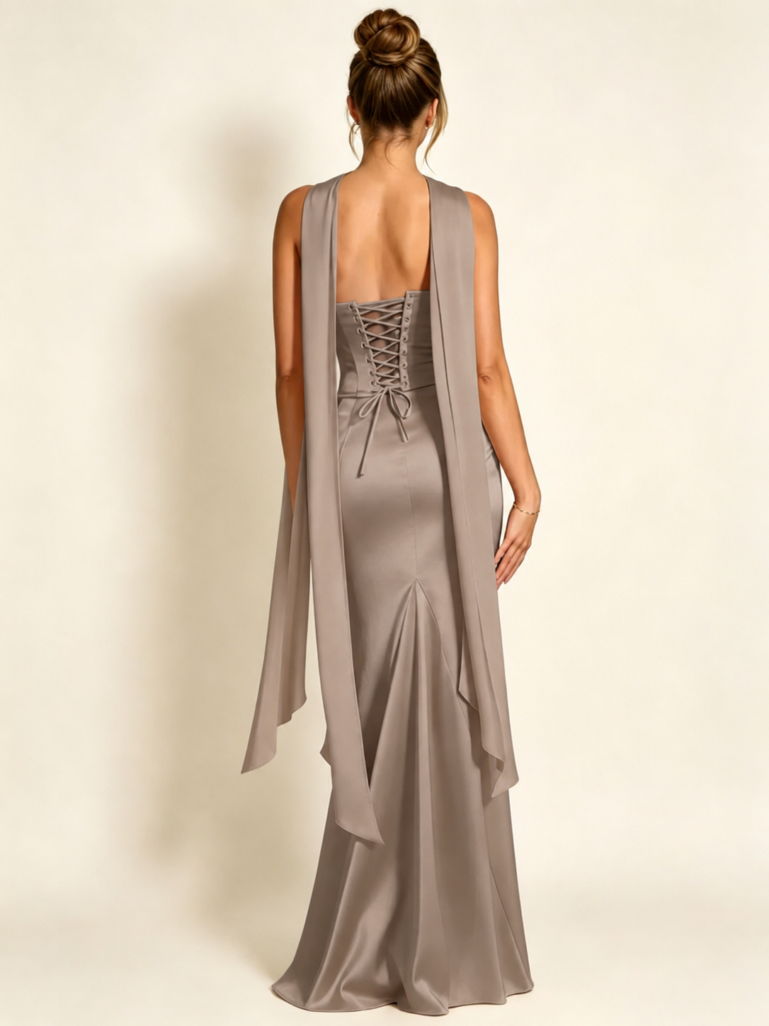 Satin Cowl Neck Mermaid Evening Dress with Corset Bodice and Draped Straps