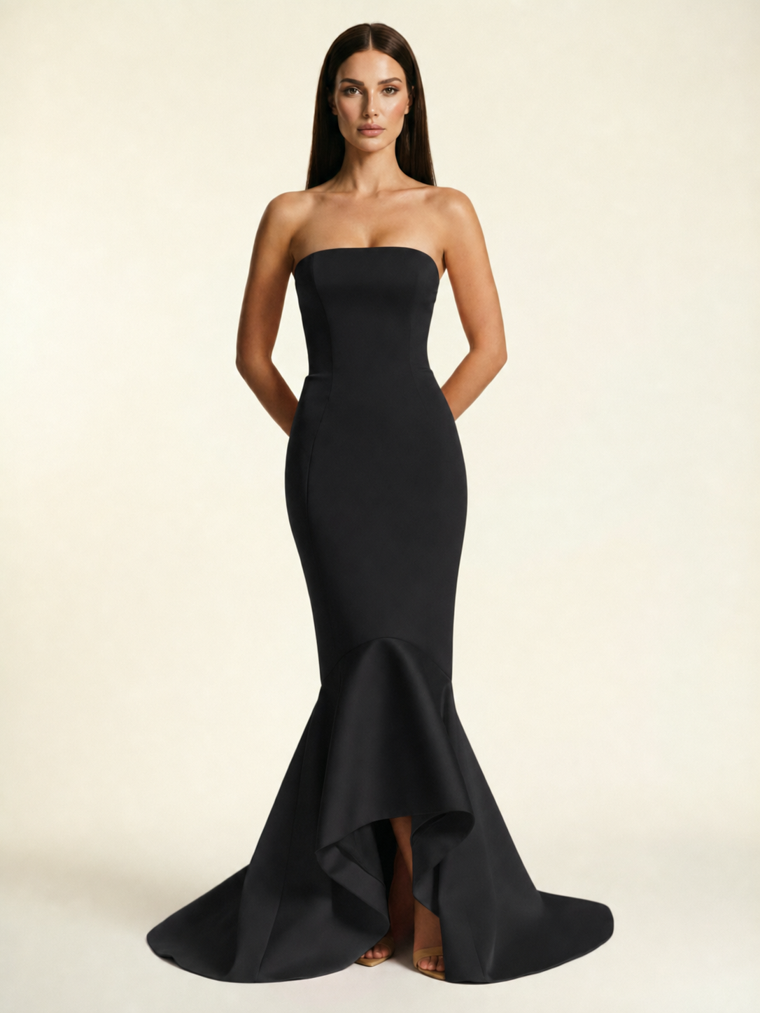 Strapless Satin Mermaid Dress With Ruffled Train & Lace-Up Back