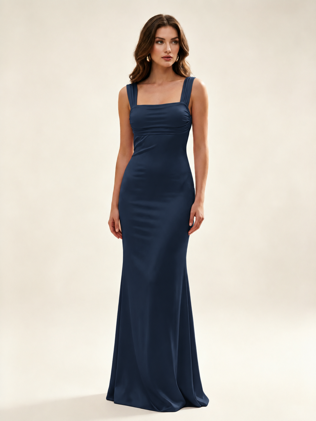 Satin Mermaid Bridesmaid Maxi Dress, Wide Strap Square Neck Cross Lace-Up Open Back