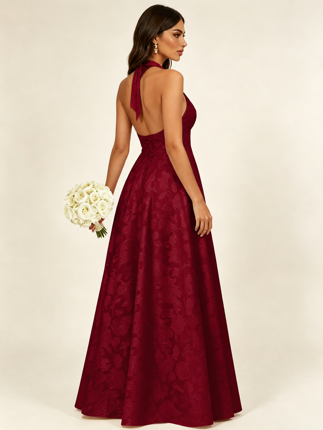 Floral Jacquard Halter Deep V A-Line Maxi Dress Backless Lace-Up Corset Bridesmaid Dress