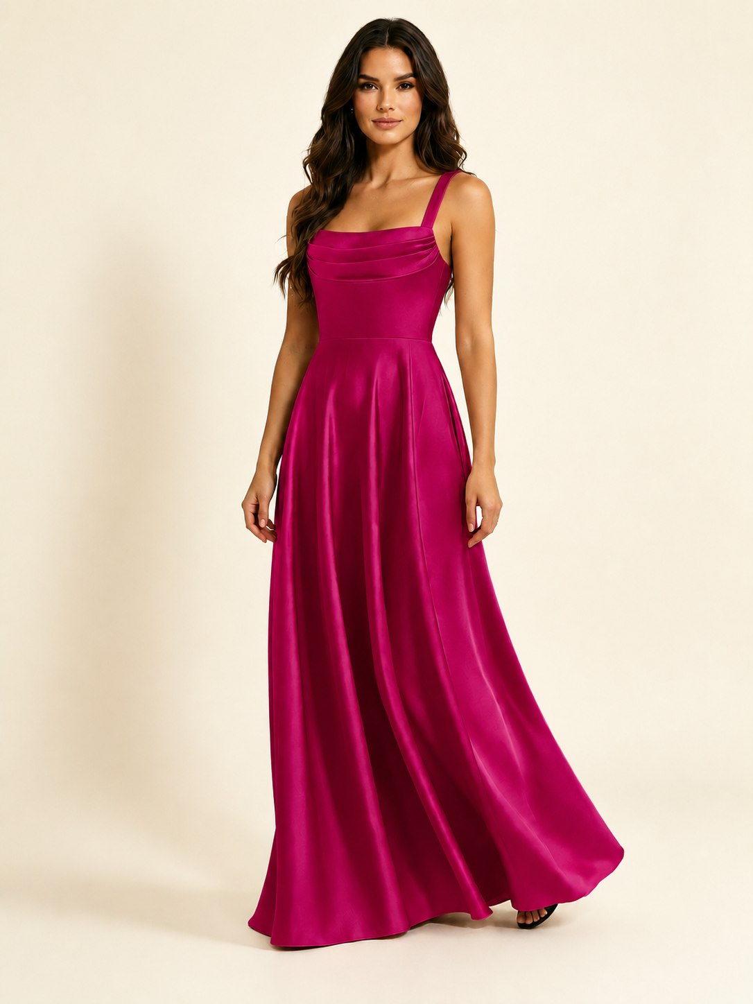 Satin Draped Cowl Square Neck A-Line Maxi Bridesmaid Dress