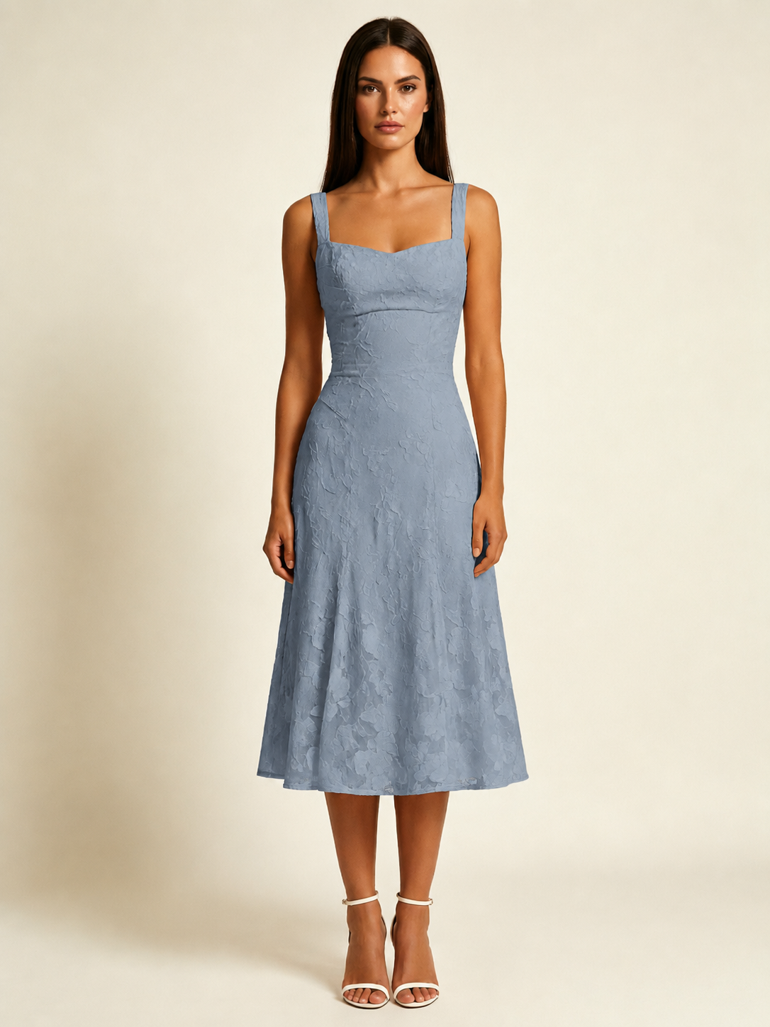 3D Floral Jacquard Square Neck Midi Dress