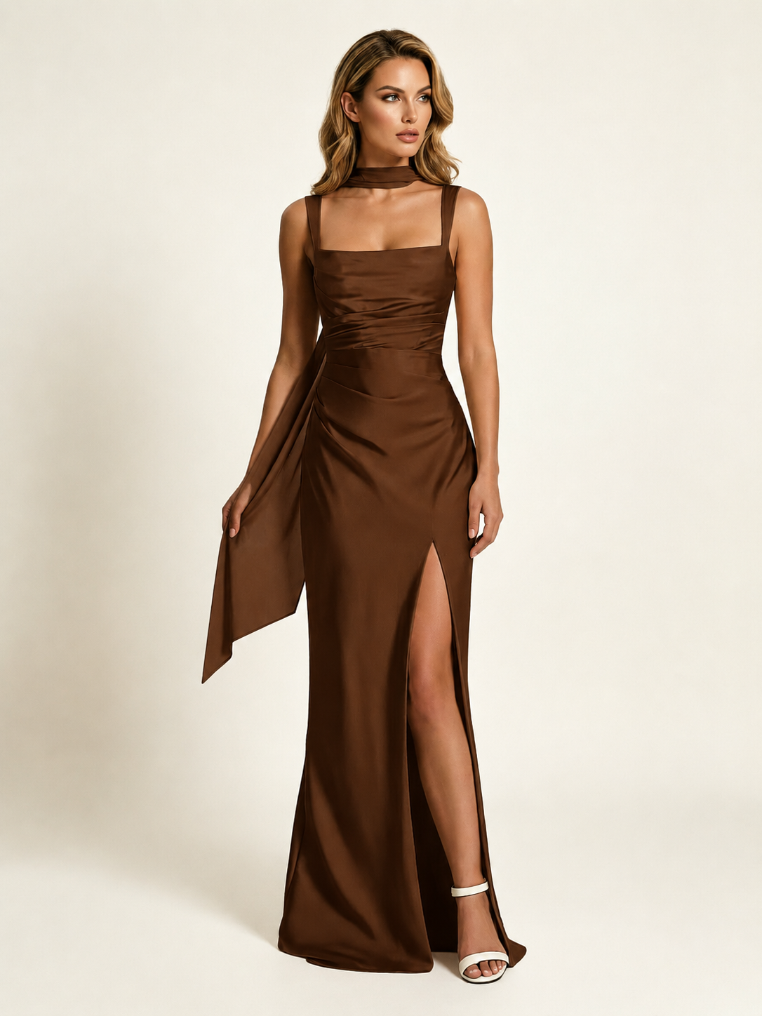 Satin Square Neck Mermaid Maxi Gown with Choker Strap