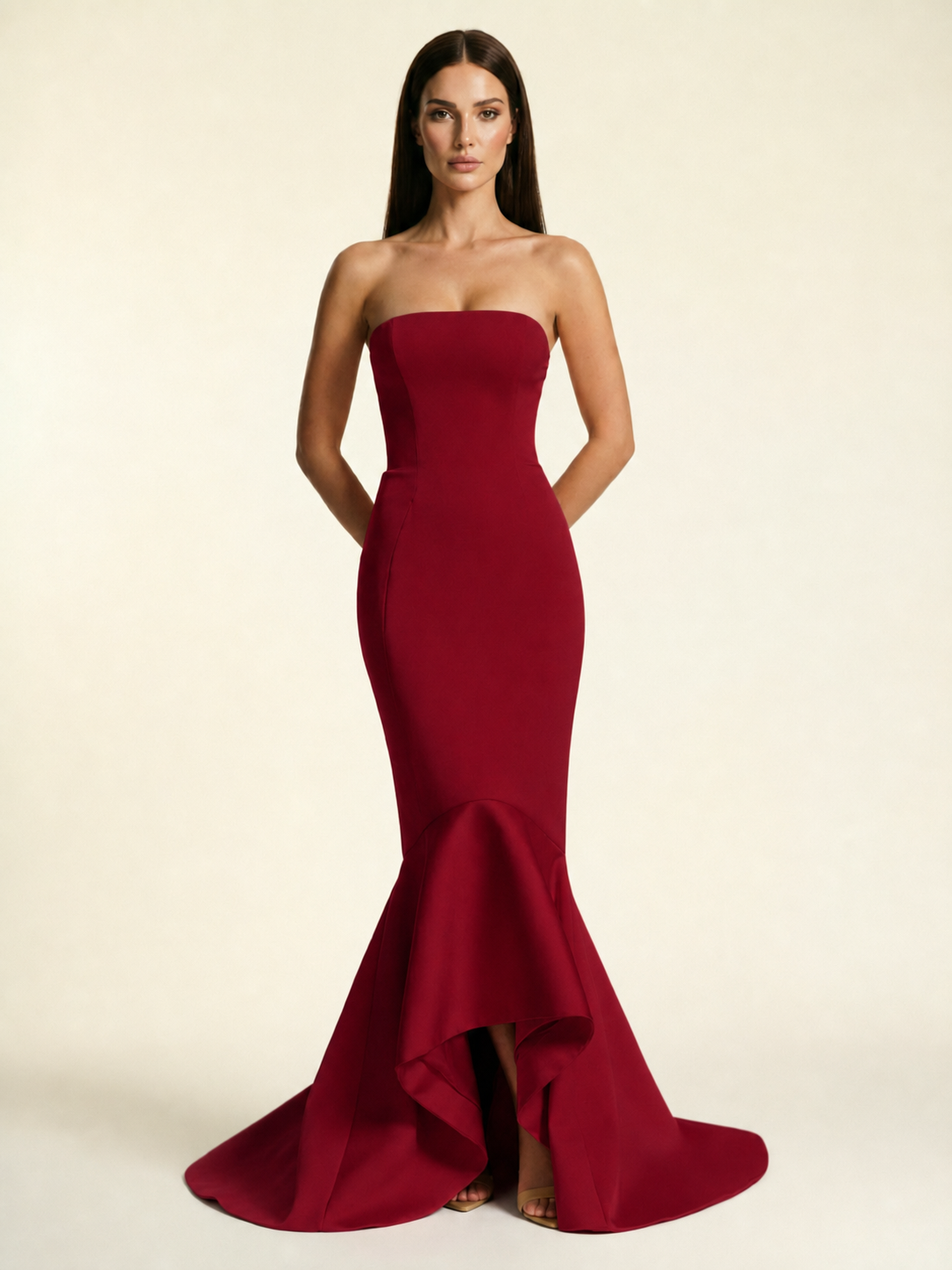 Strapless Satin Mermaid Dress With Ruffled Train & Lace-Up Back