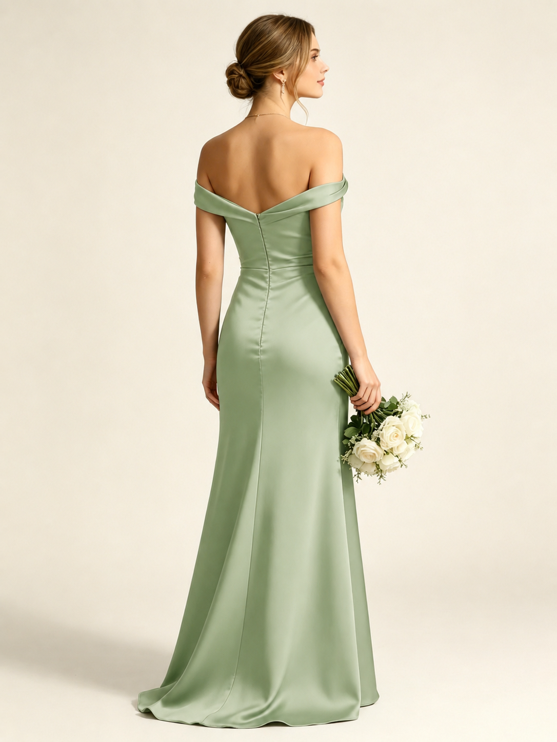 Satin Mermaid Bridesmaid Maxi Dress, Asymmetrical Off Shoulder Ruched Waist Open Back