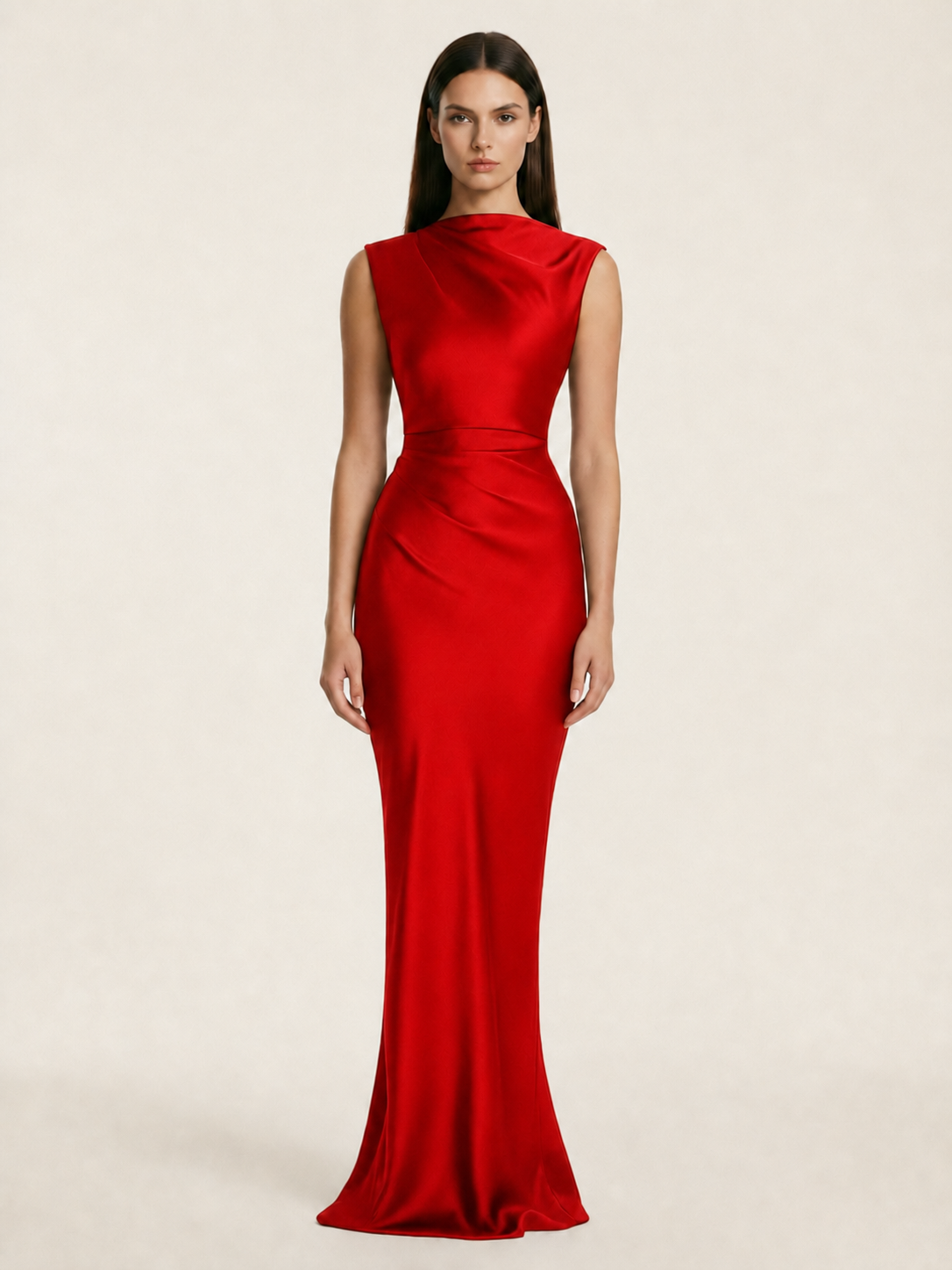 Sleeveless Draped Satin Mermaid Cutout Back Formal Dress