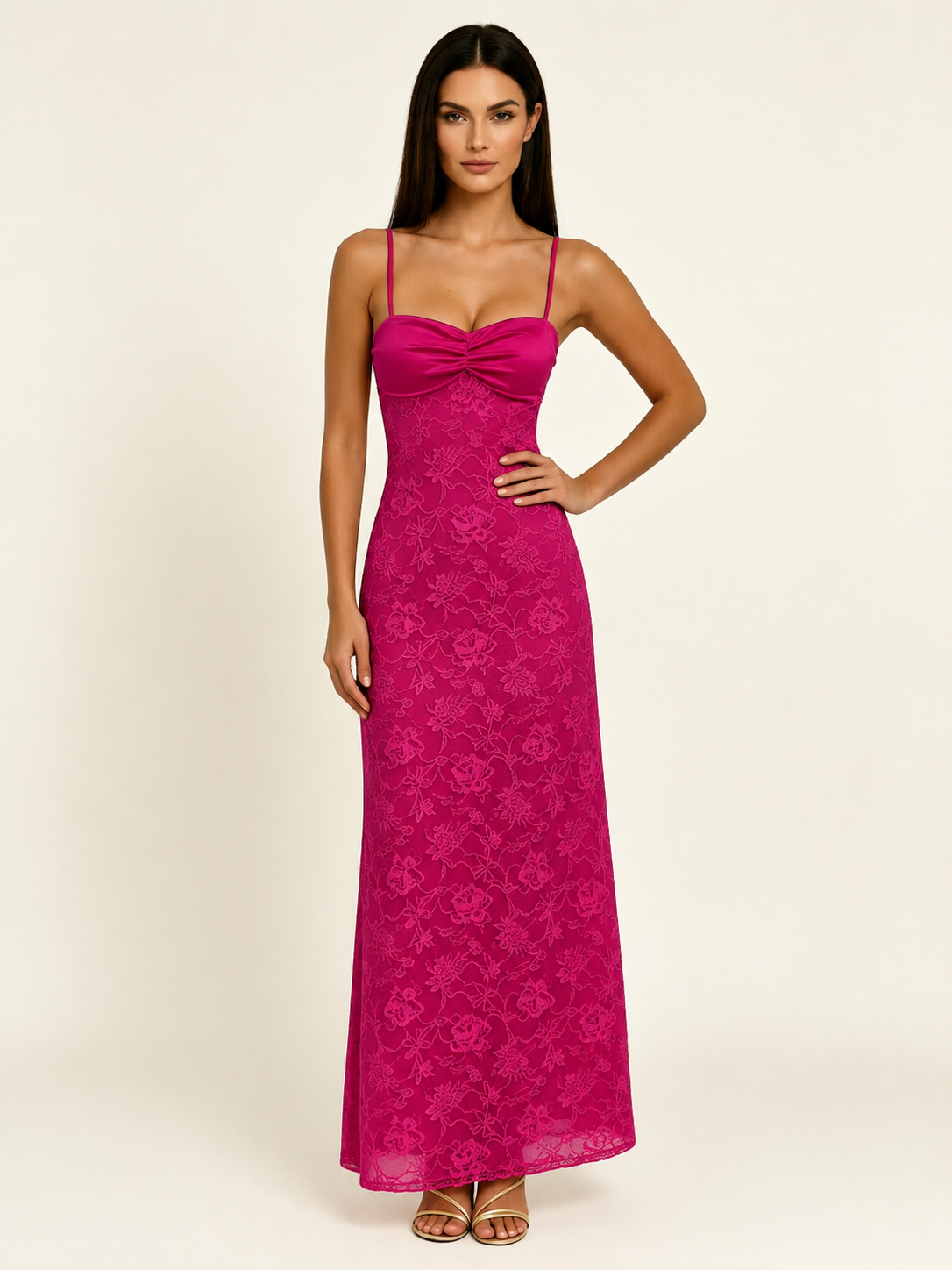 Satin Bust Lace Midi Maxi Dress, Spaghetti Strap Cross Lace Up Back Bridesmaid Dress