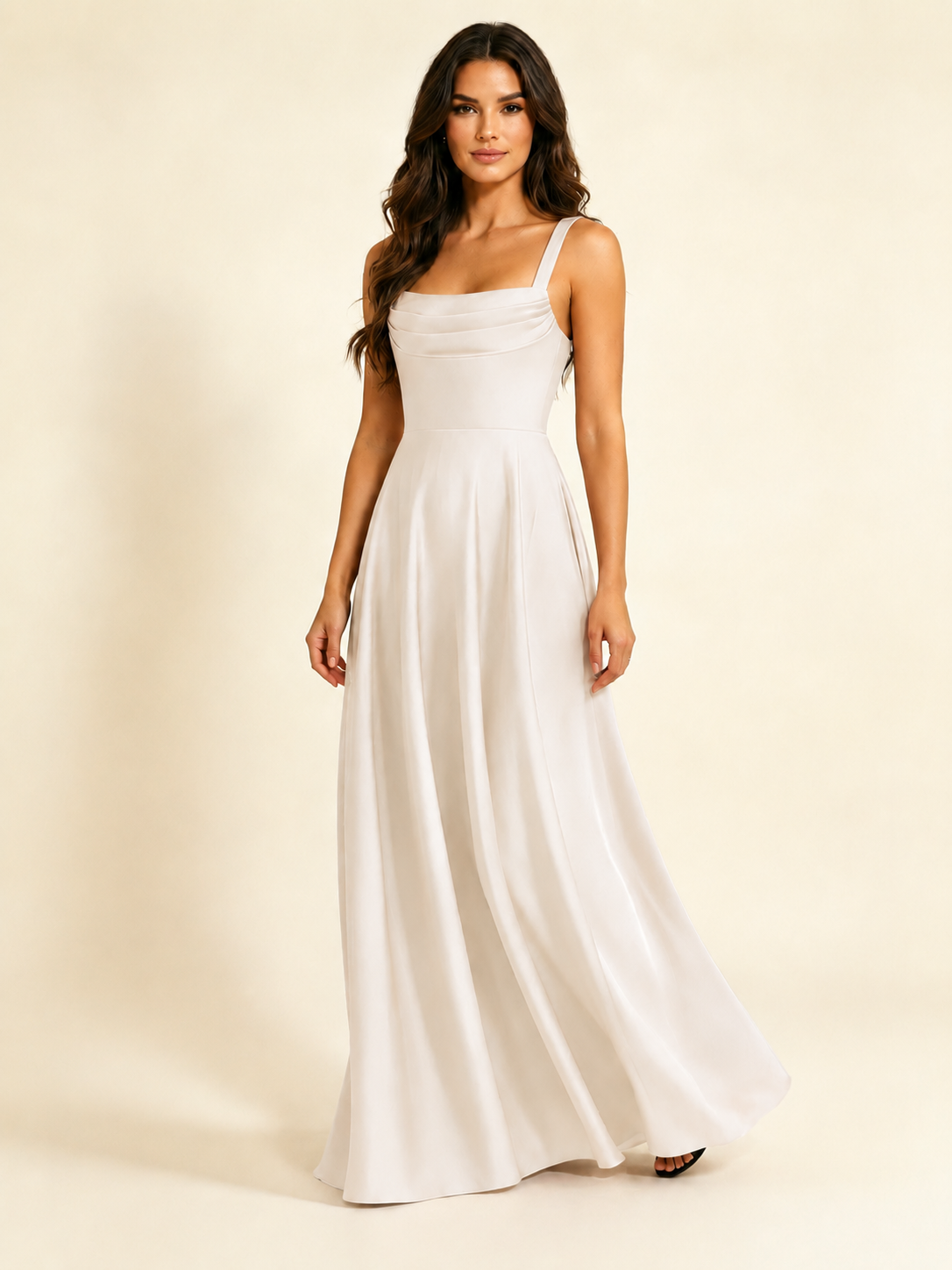 Satin Draped Cowl Square Neck A-Line Maxi Bridesmaid Dress