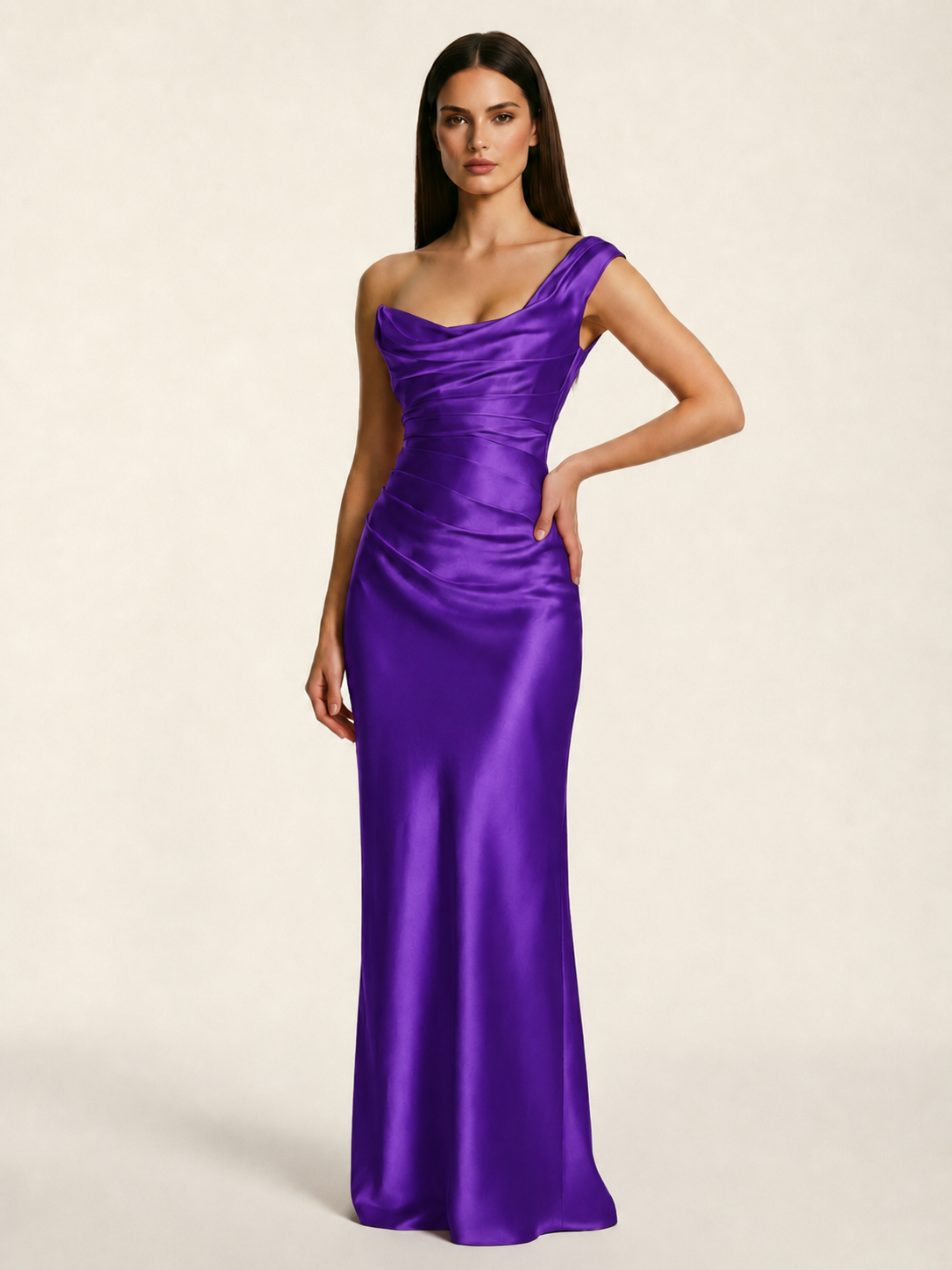 Single-shoulder satin back strap design formal dress