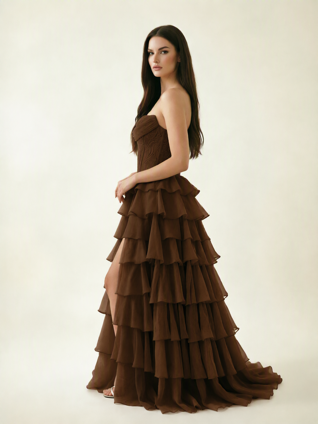 Strapless Lace Corset Tiered High Slit Prom Dress