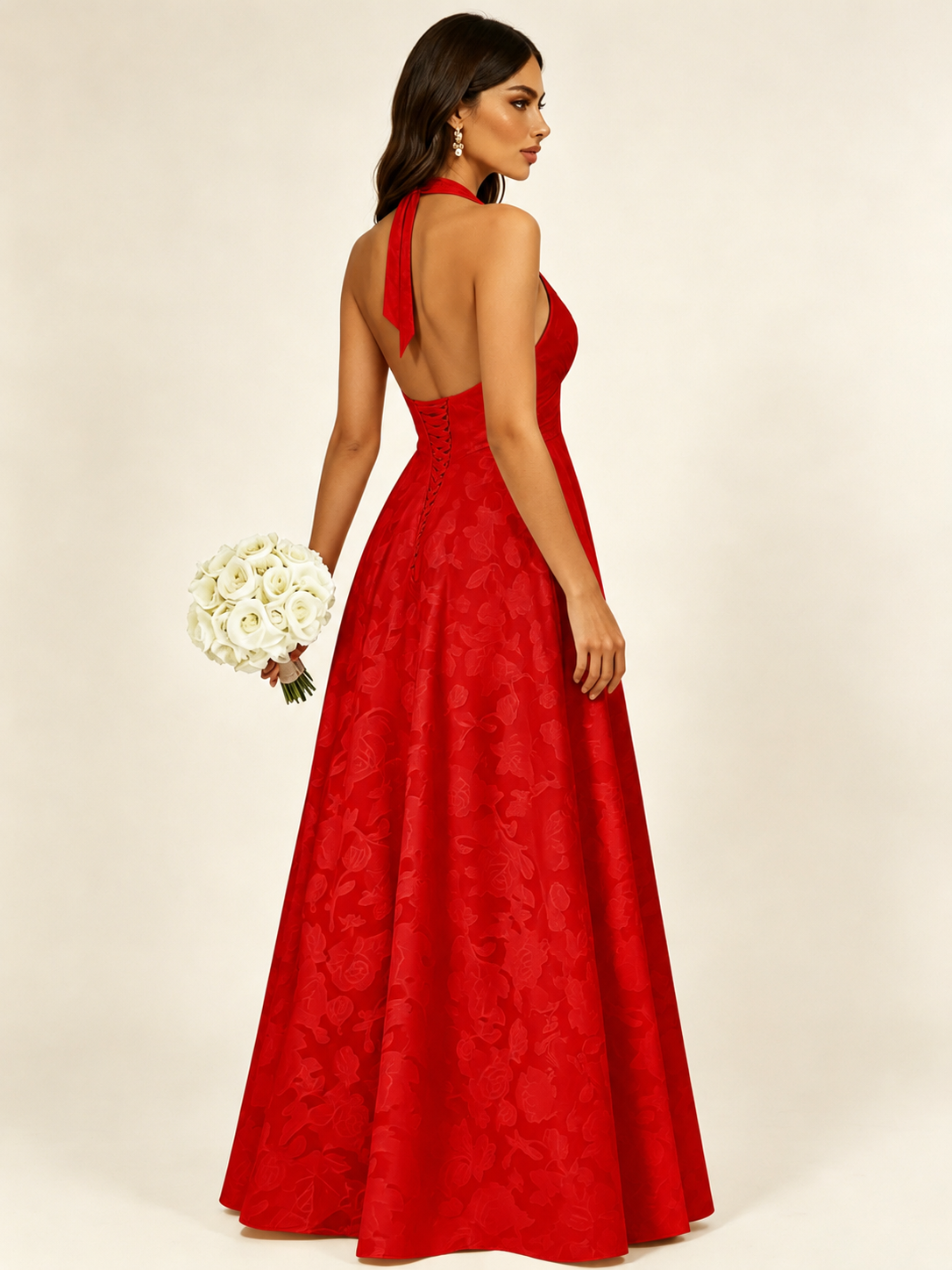 Floral Jacquard Halter Deep V A-Line Maxi Dress Backless Lace-Up Corset Bridesmaid Dress