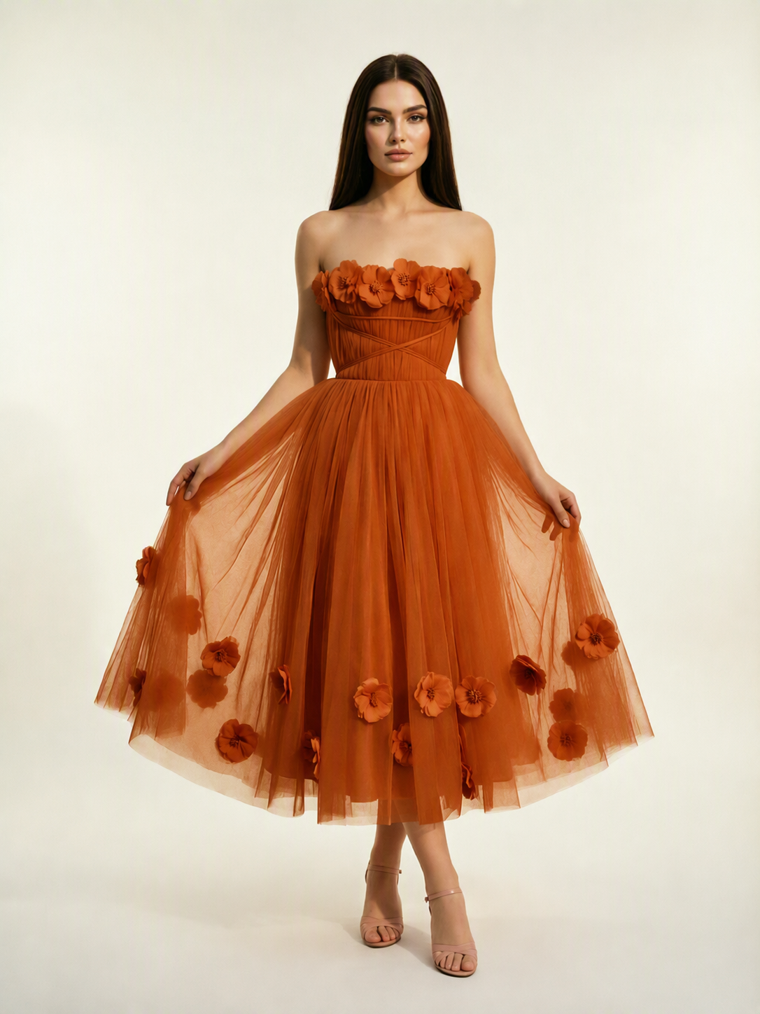 Strapless Tulle Midi Dress with 3D Floral Appliqués, Lace-Up Corset Back