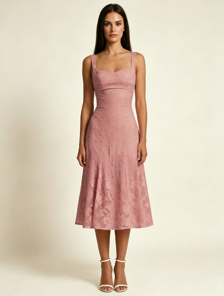 3D Floral Jacquard Square Neck Midi Dress