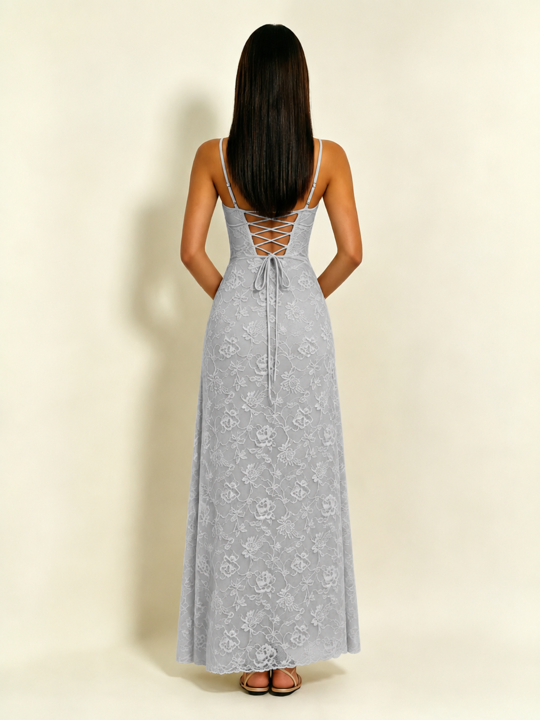 Satin Bust Lace Midi Maxi Dress, Spaghetti Strap Cross Lace Up Back Bridesmaid Dress