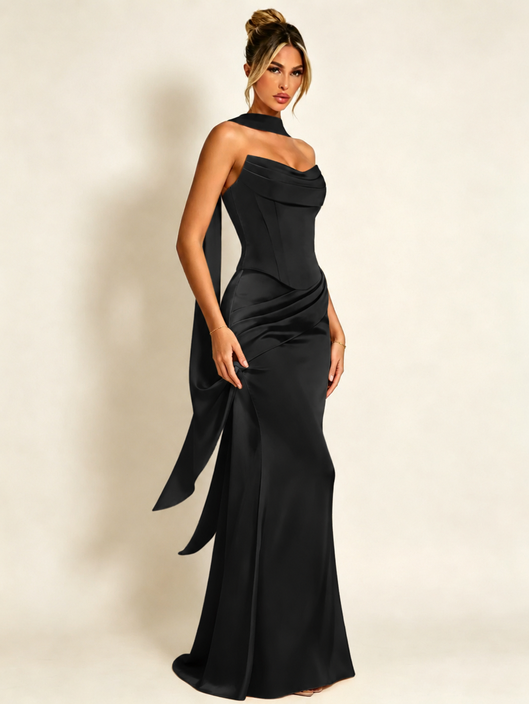 Satin Cowl Neck Mermaid Evening Dress with Corset Bodice and Draped Straps