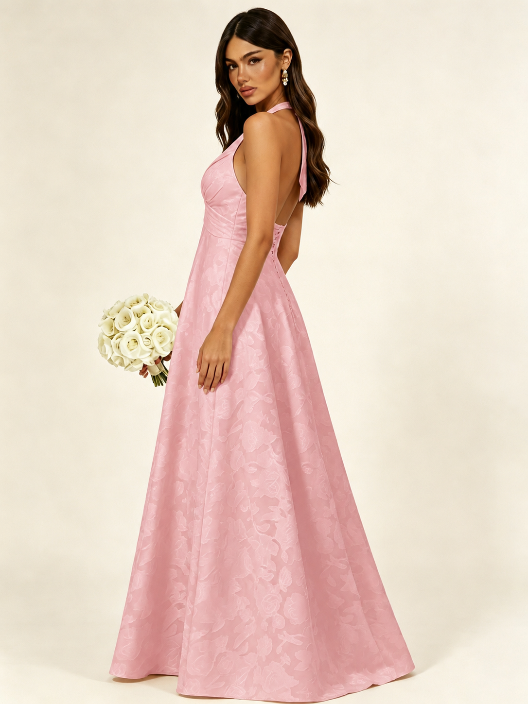 Floral Jacquard Halter Deep V A-Line Maxi Dress Backless Lace-Up Corset Bridesmaid Dress