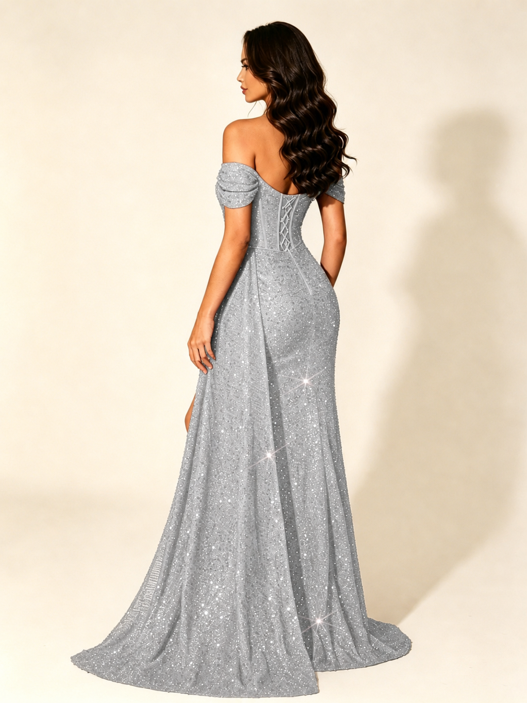 Off Shoulder Sequin High Slit Dress with Train