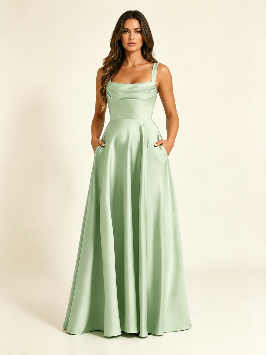 Satin Draped Cowl Square Neck A-Line Maxi Bridesmaid Dress