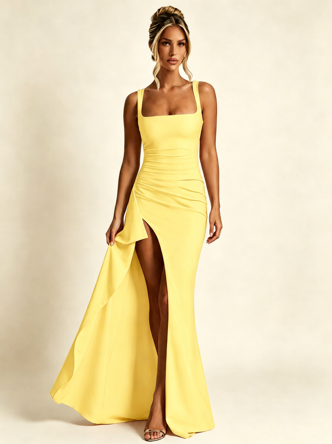 Square Neck Ruched Waist High Slit Mermaid Maxi Dress Ruffle Train Bodycon Bridesmaid Dress