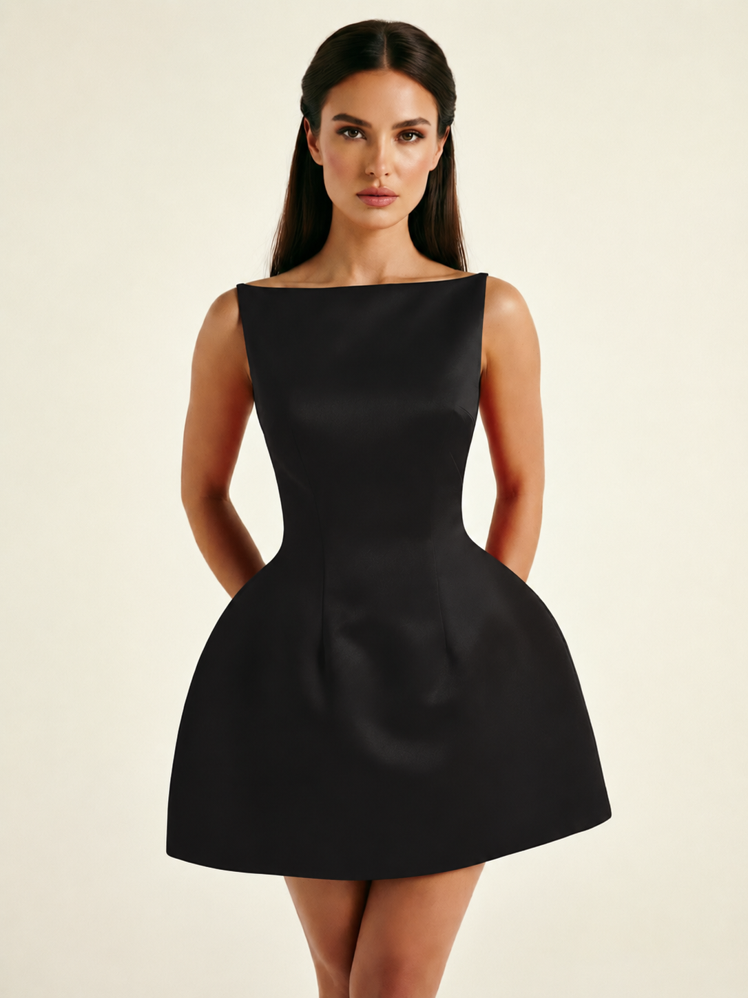 Satin Boat Neck Open Back Fit & Flare Mini Dress