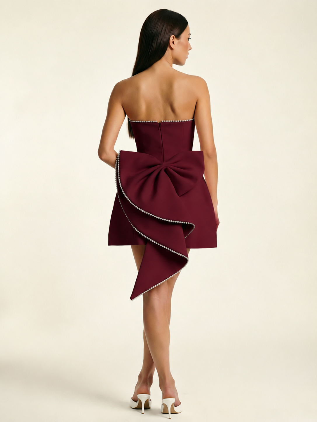 Strapless Pearl Trim Bow Back A-Line Mini Dress