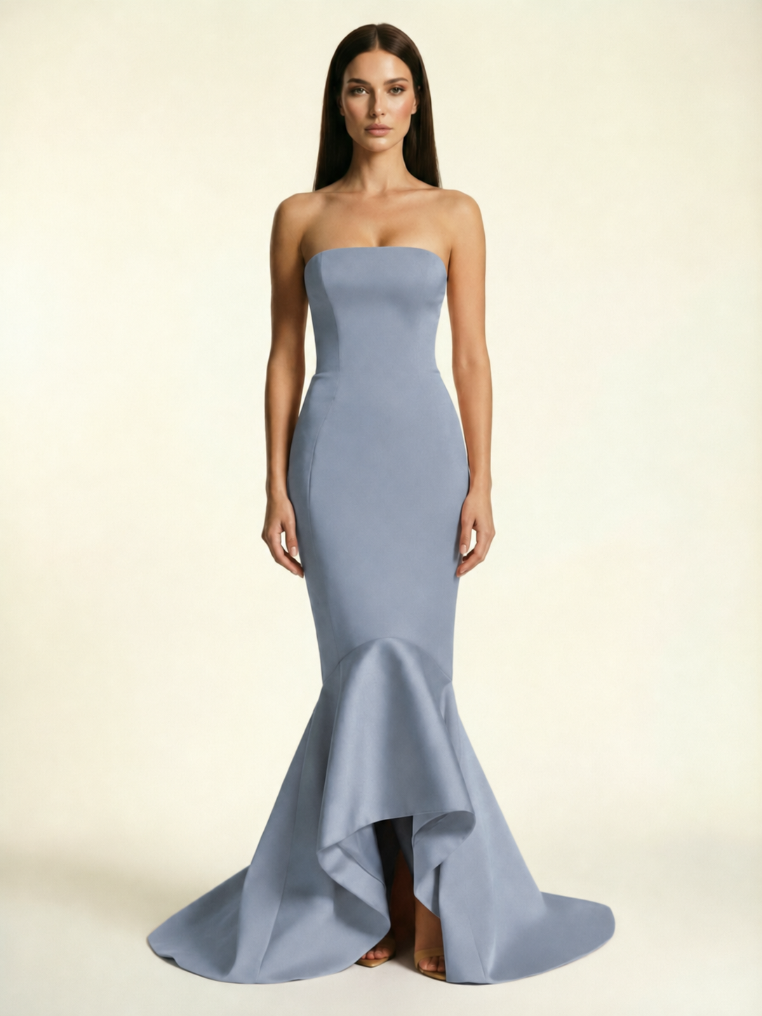 Strapless Satin Mermaid Dress With Ruffled Train & Lace-Up Back
