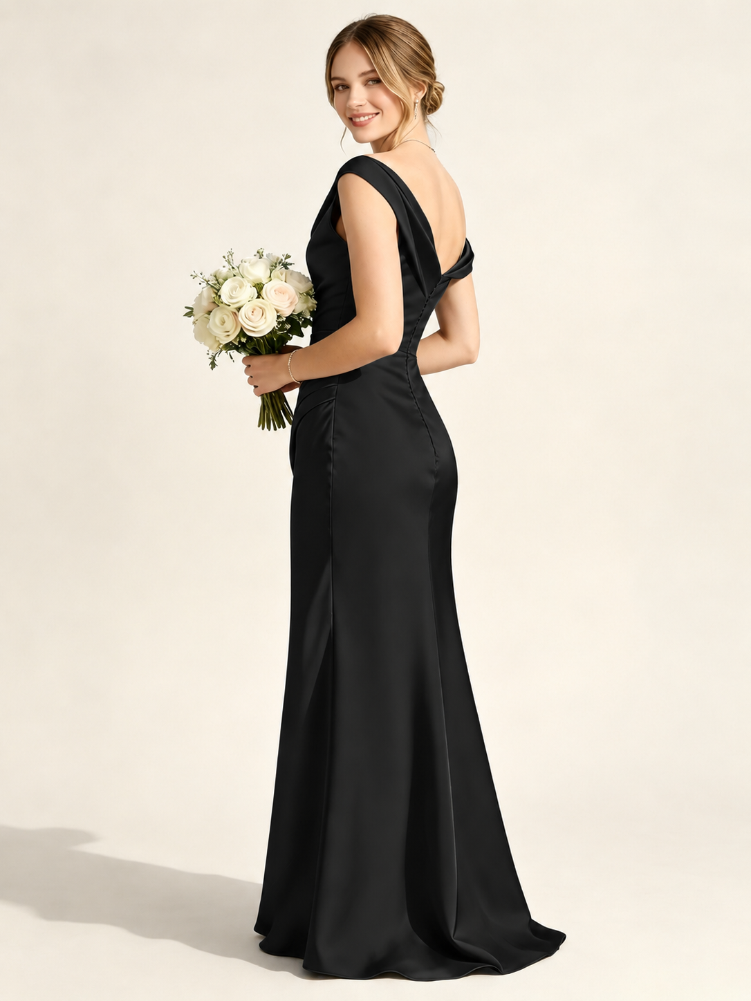 Satin Mermaid Bridesmaid Maxi Dress, Asymmetrical Off Shoulder Ruched Waist Open Back