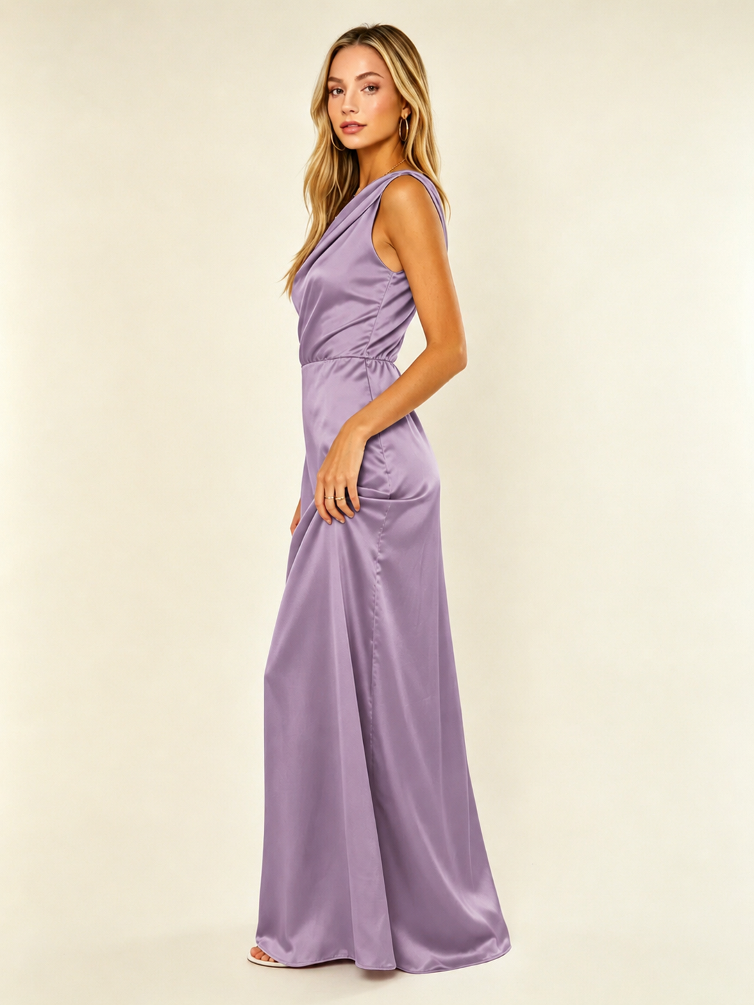 Satin One Shoulder Maxi Dress Asymmetric Draped High Slit Bridesmaid Dress