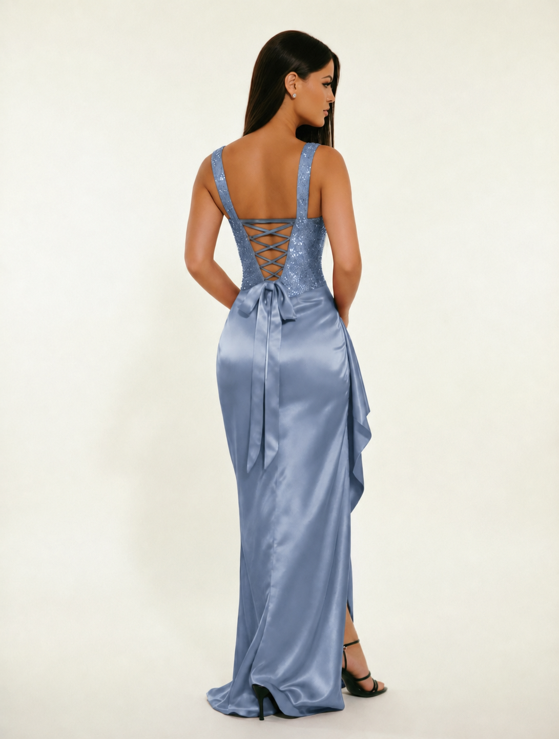 Sequin Corset Satin High Slit Formal Maxi Dress
