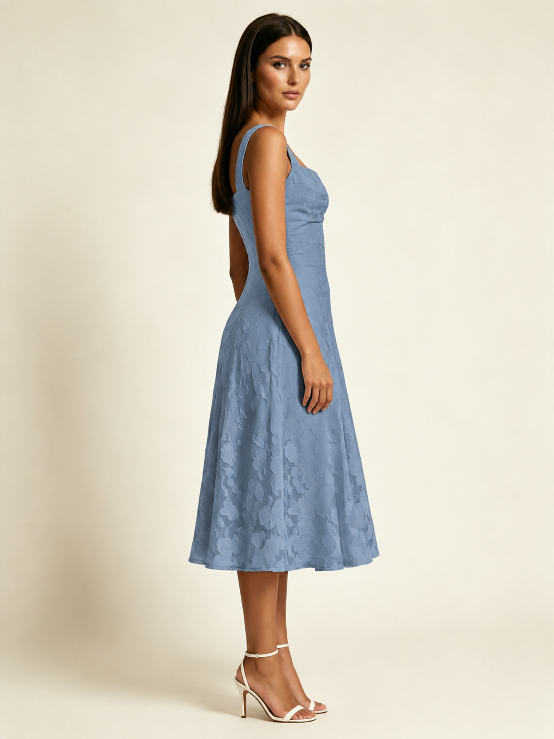 3D Floral Jacquard Square Neck Midi Dress