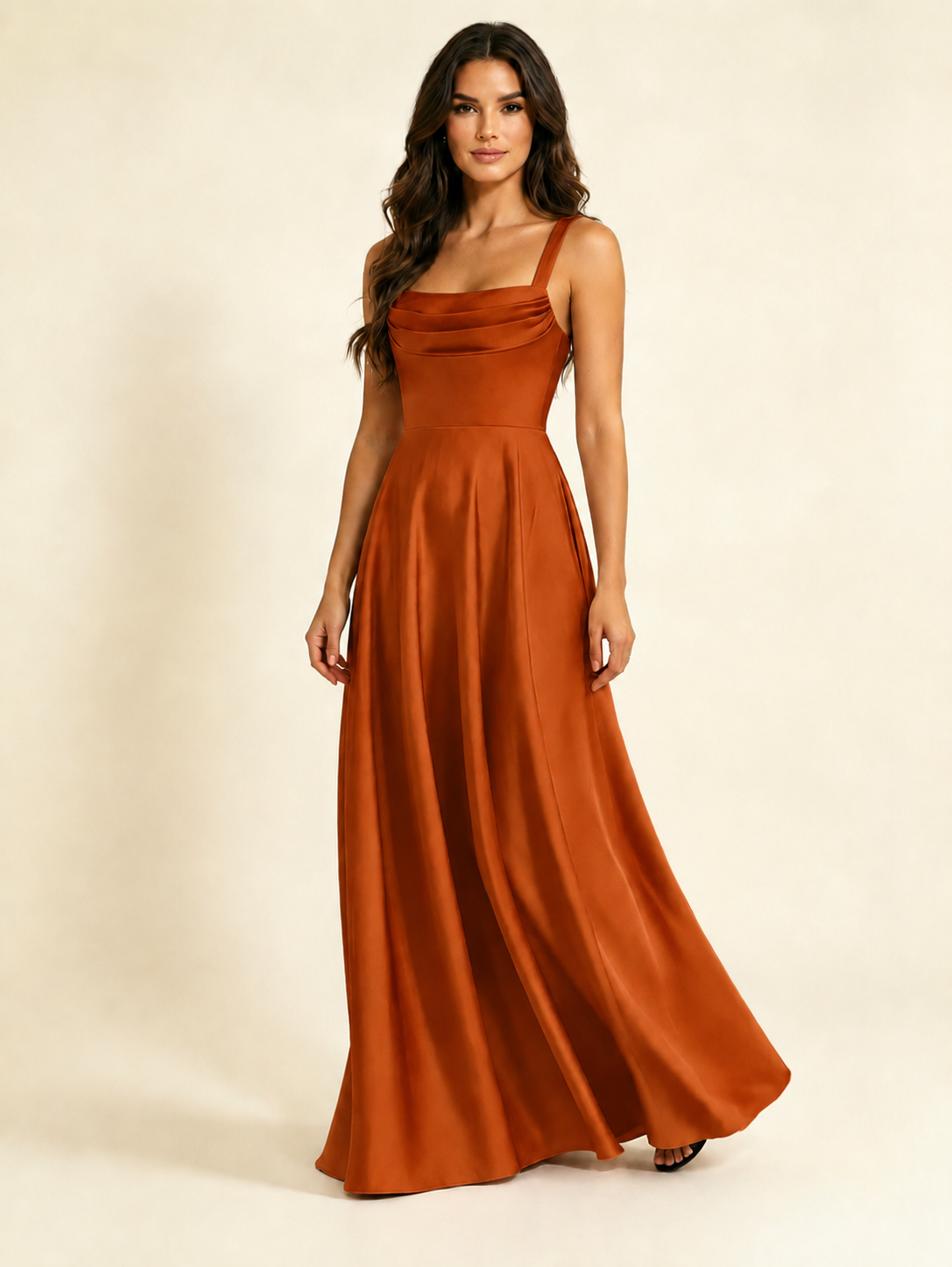 Satin Draped Cowl Square Neck A-Line Maxi Bridesmaid Dress
