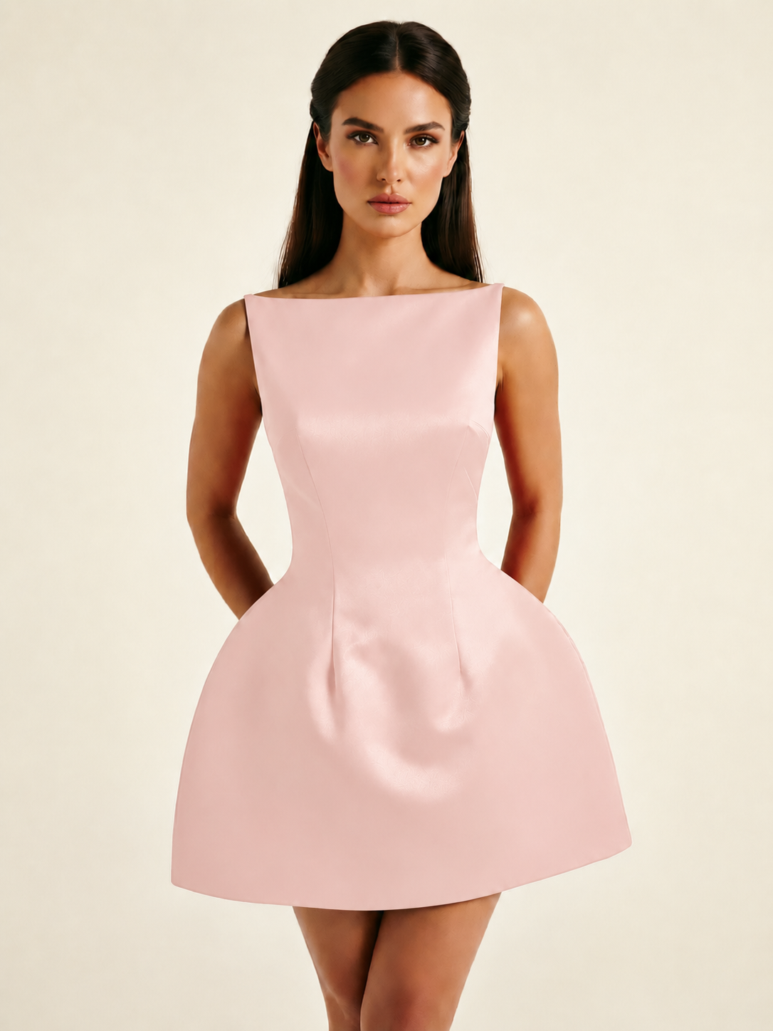 Satin Boat Neck Open Back Fit & Flare Mini Dress