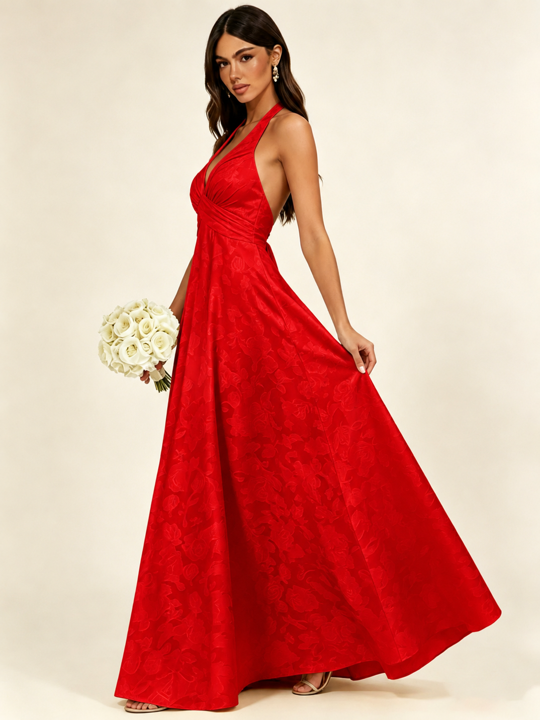 Floral Jacquard Halter Deep V A-Line Maxi Dress Backless Lace-Up Corset Bridesmaid Dress