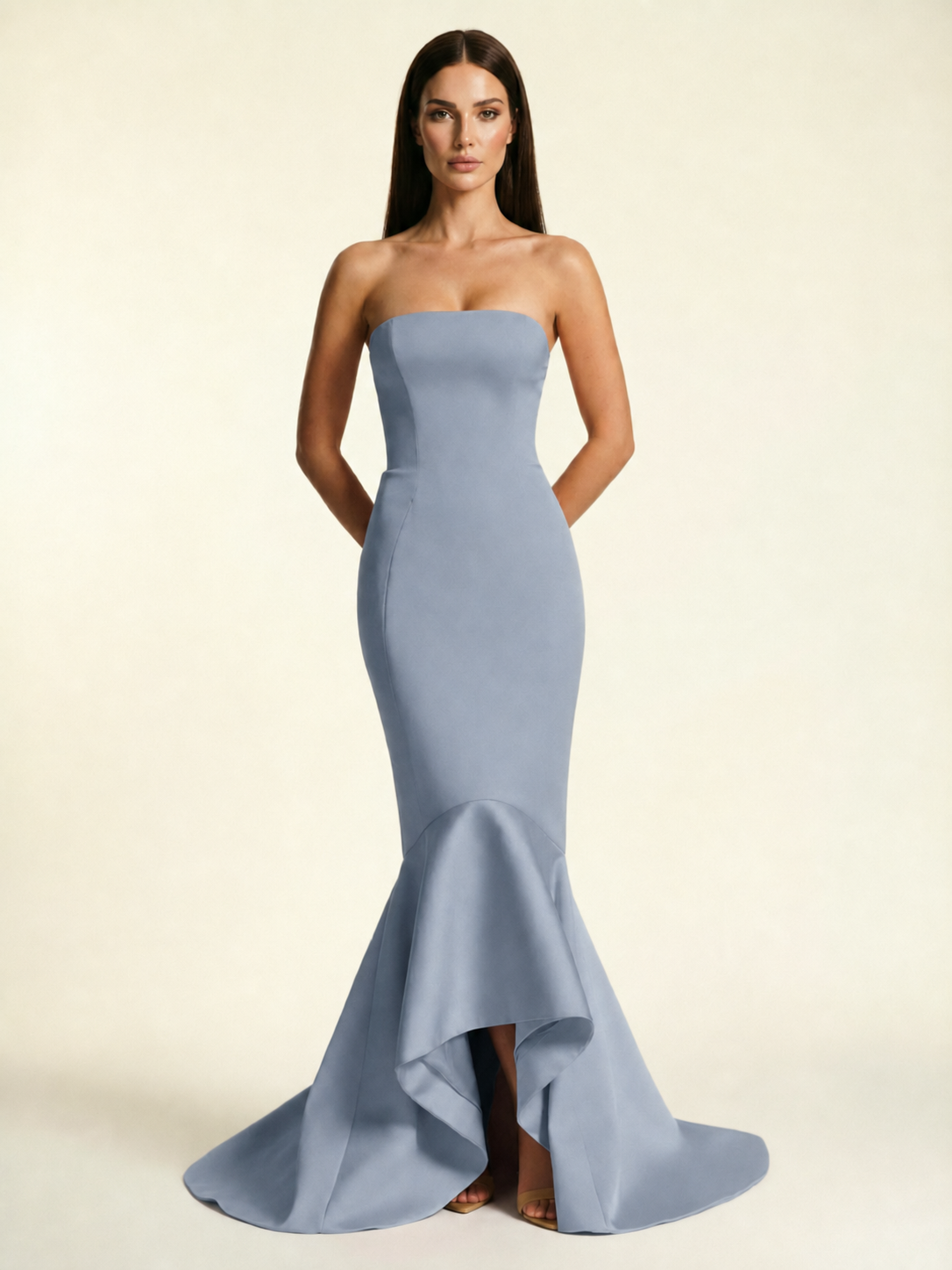 Strapless Satin Mermaid Dress With Ruffled Train & Lace-Up Back