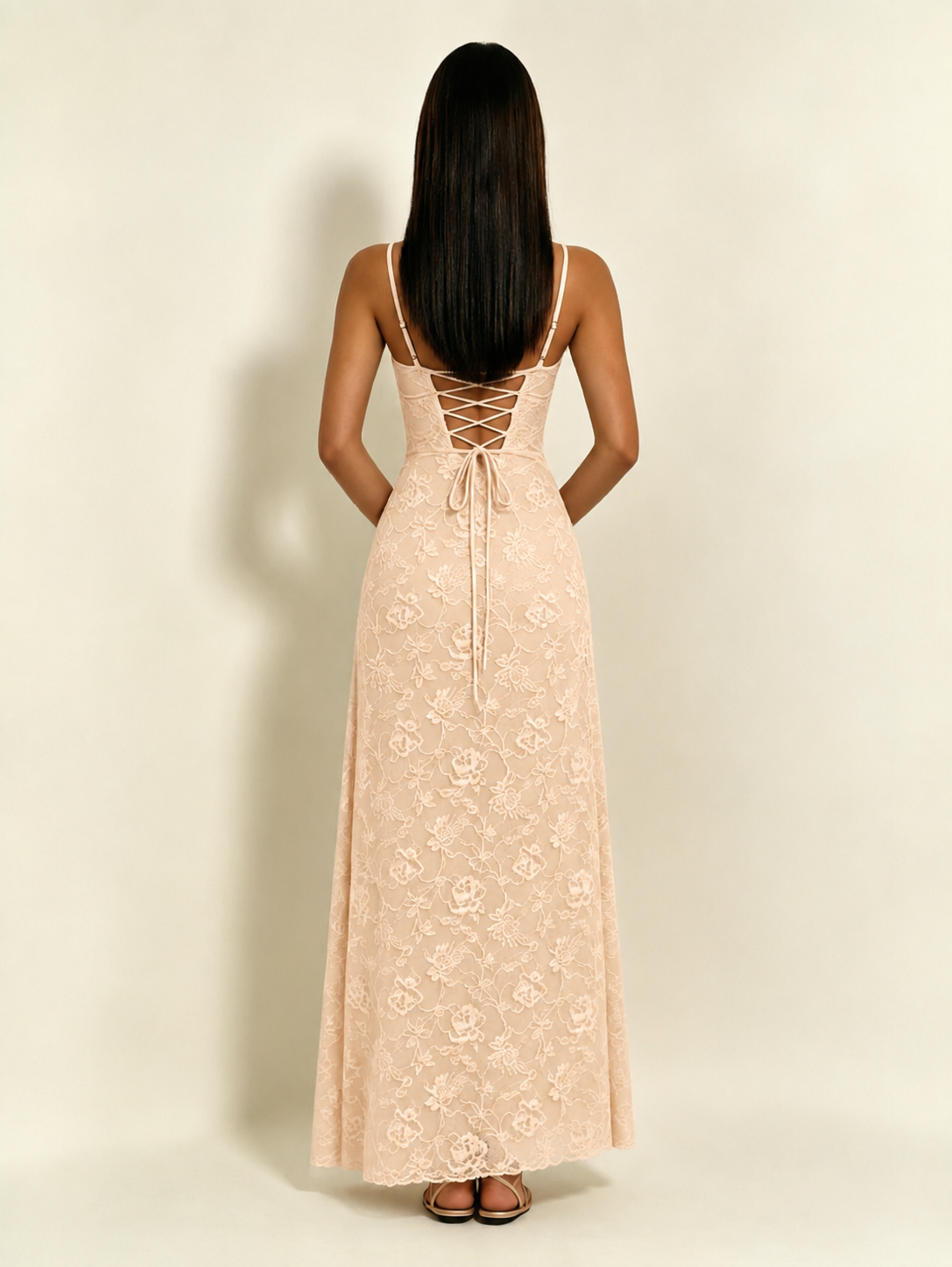 Satin Bust Lace Midi Maxi Dress, Spaghetti Strap Cross Lace Up Back Bridesmaid Dress