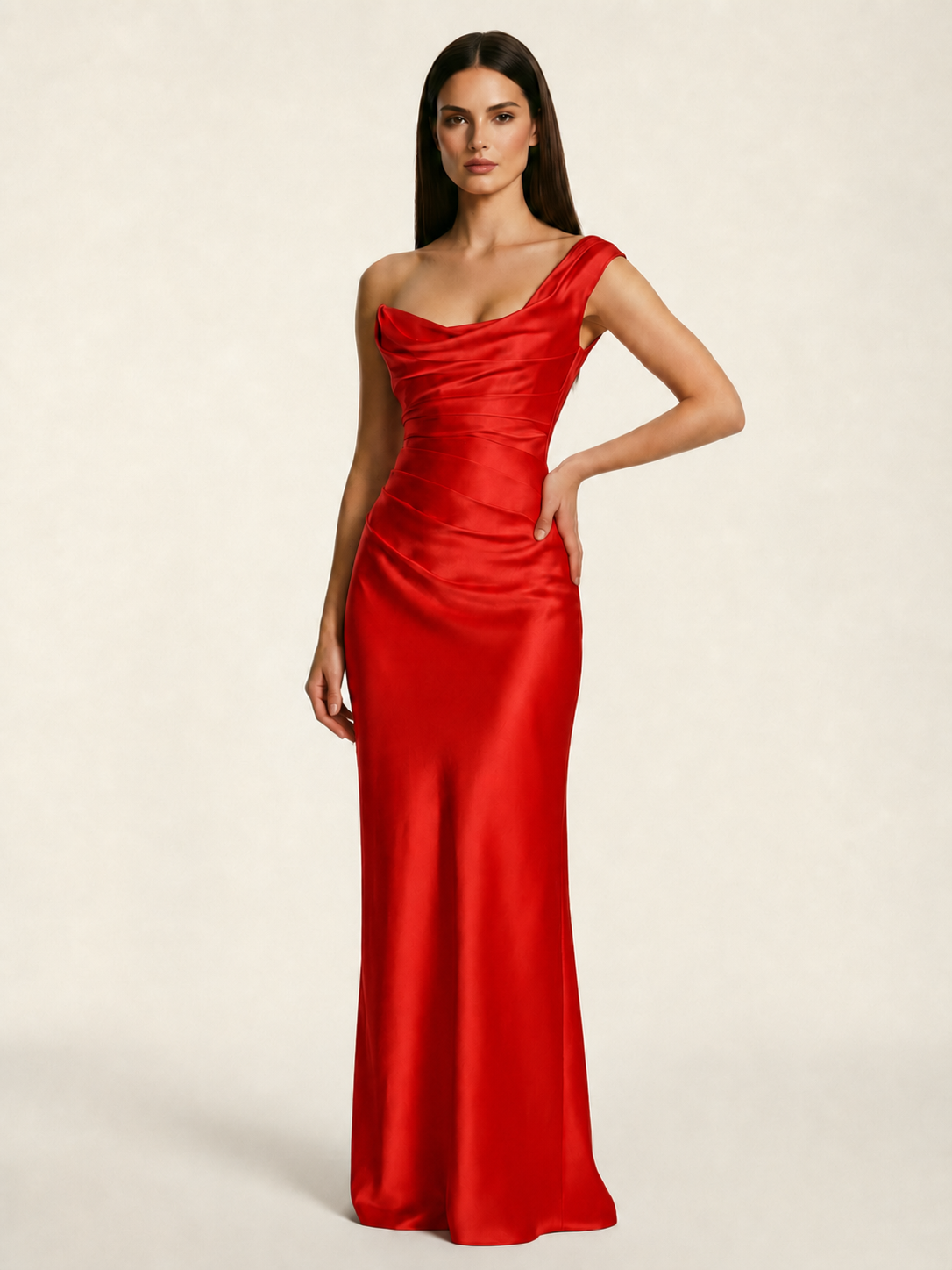 Single-shoulder satin back strap design formal dress