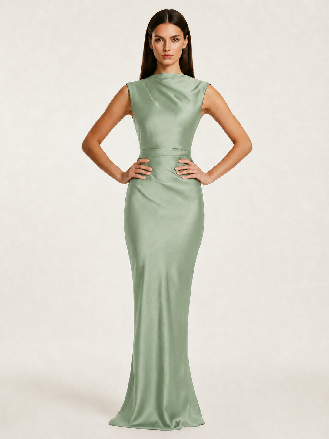 Sleeveless Draped Satin Mermaid Cutout Back Formal Dress