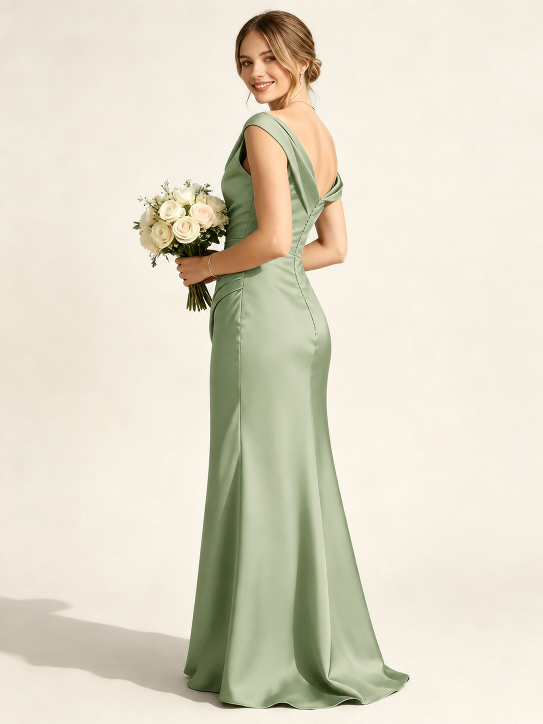Satin Mermaid Bridesmaid Maxi Dress, Asymmetrical Off Shoulder Ruched Waist Open Back