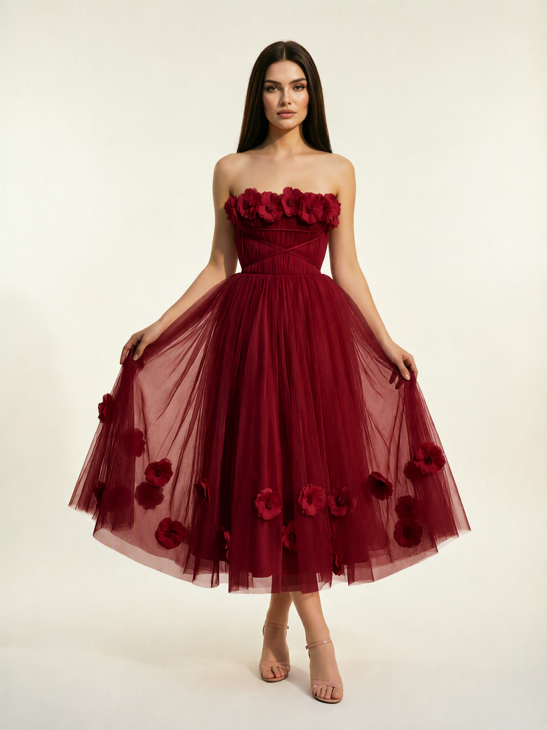 Strapless Tulle Midi Dress with 3D Floral Appliqués, Lace-Up Corset Back