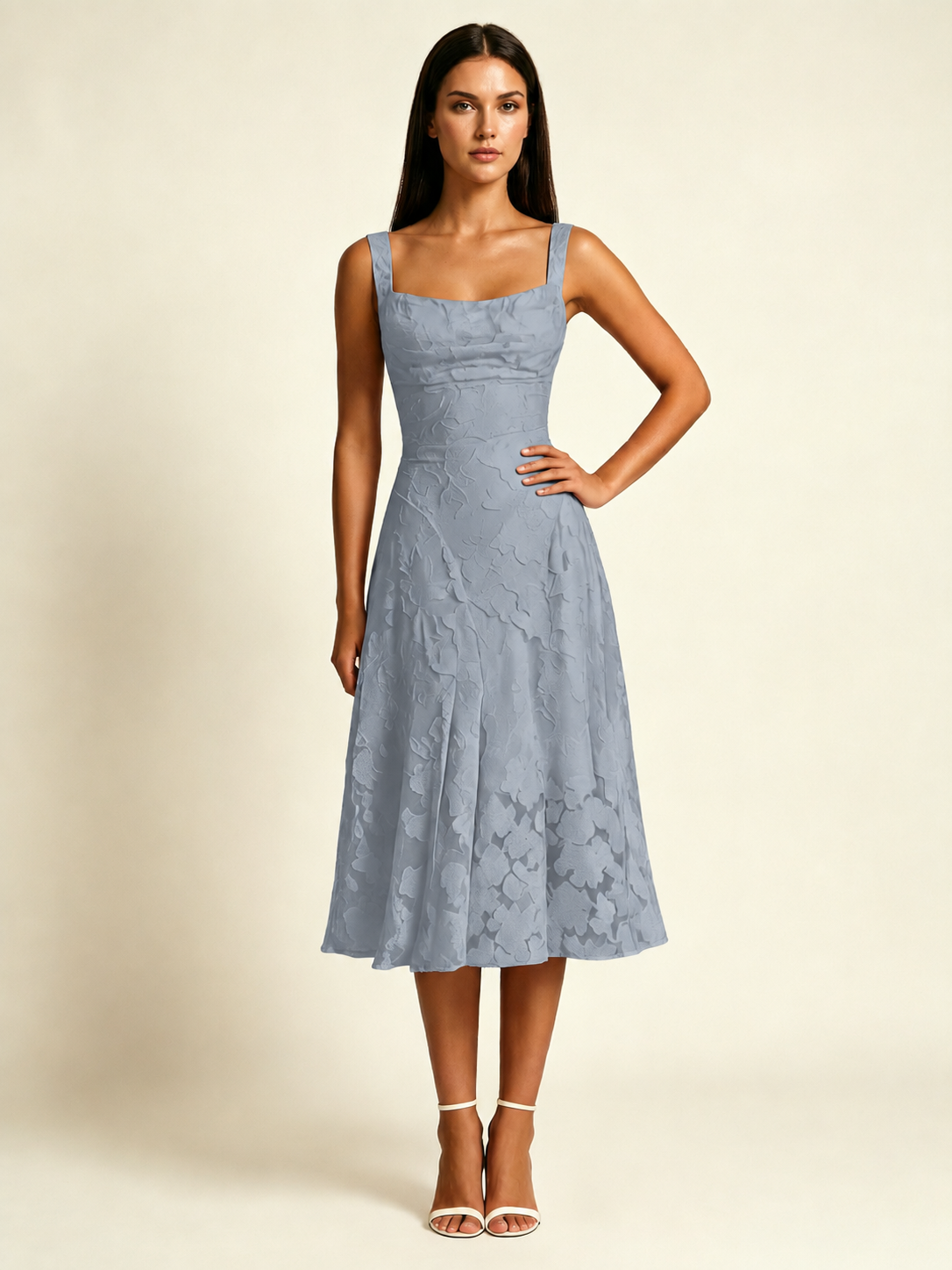 3D Floral Jacquard Square Neck Midi Dress