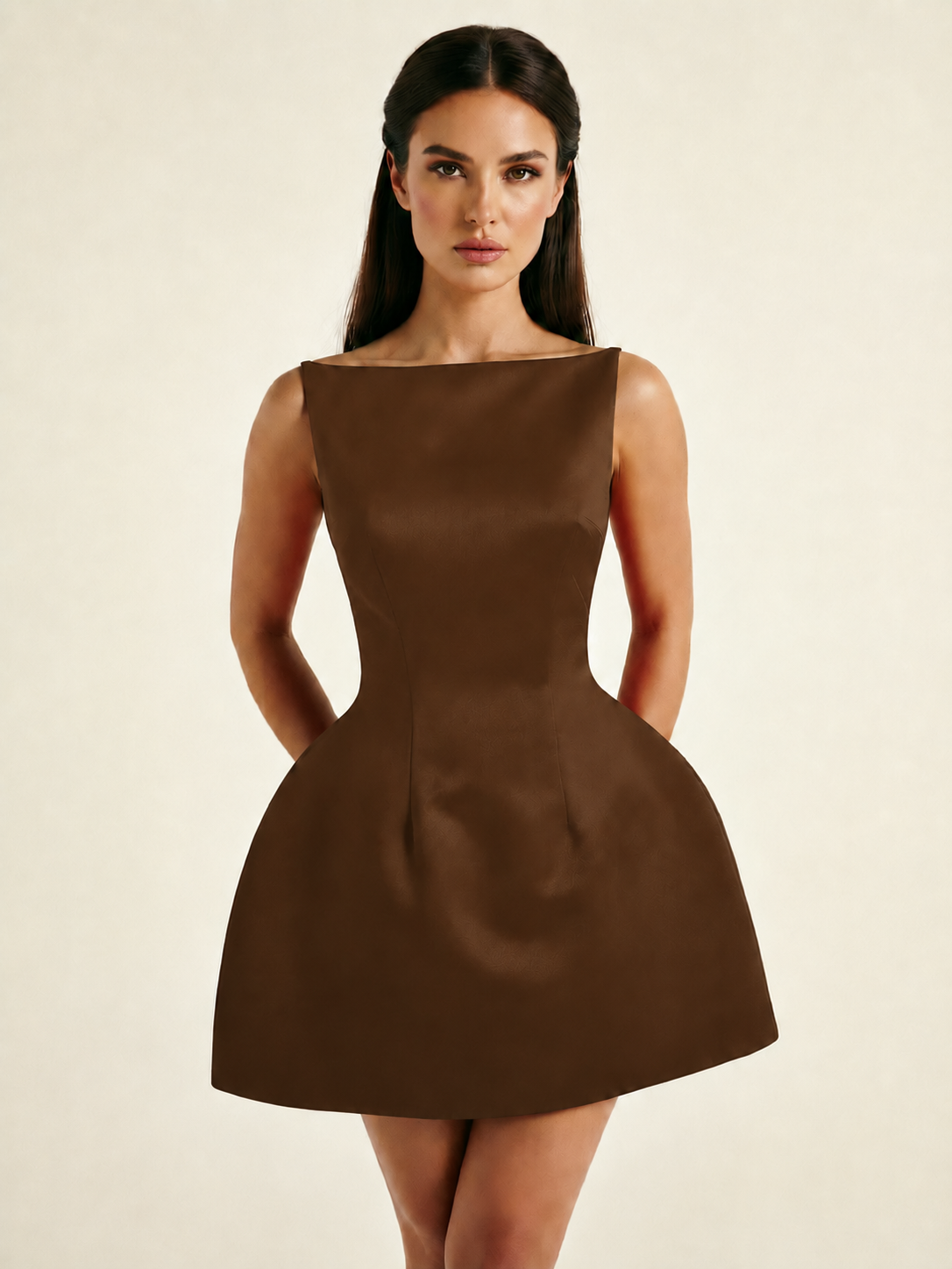 Satin Boat Neck Open Back Fit & Flare Mini Dress