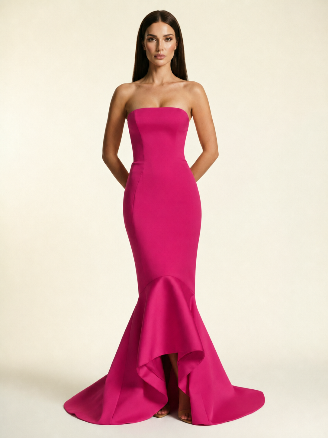 Strapless Satin Mermaid Dress With Ruffled Train & Lace-Up Back