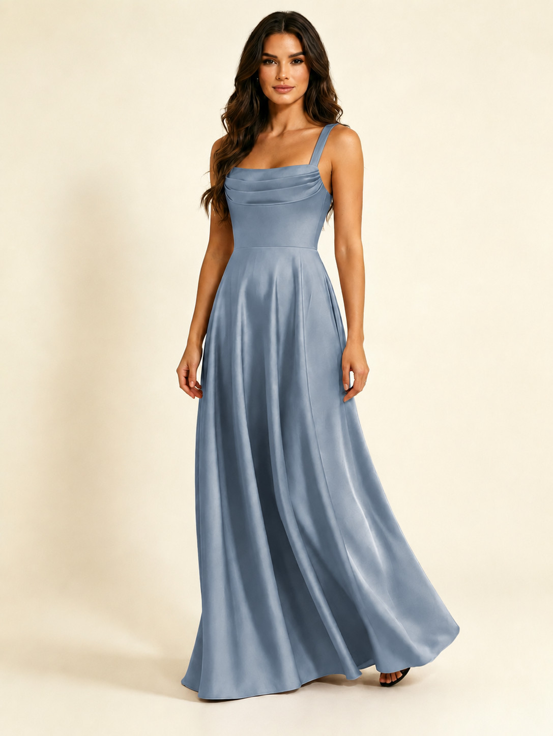 Satin Draped Cowl Square Neck A-Line Maxi Bridesmaid Dress