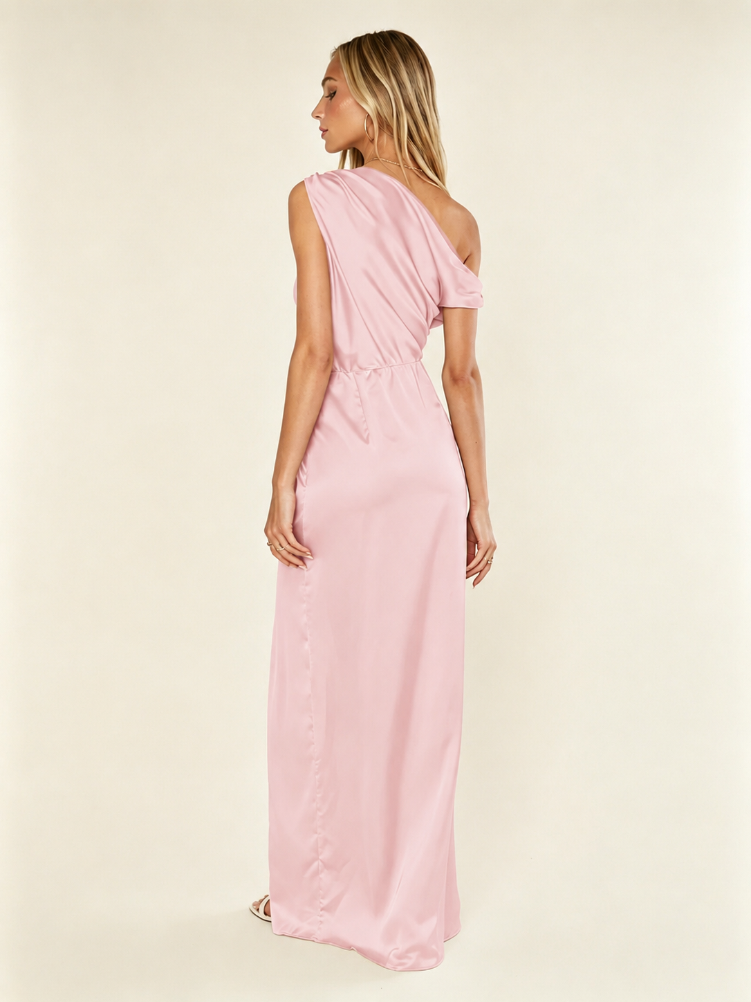 Satin One Shoulder Maxi Dress Asymmetric Draped High Slit Bridesmaid Dress