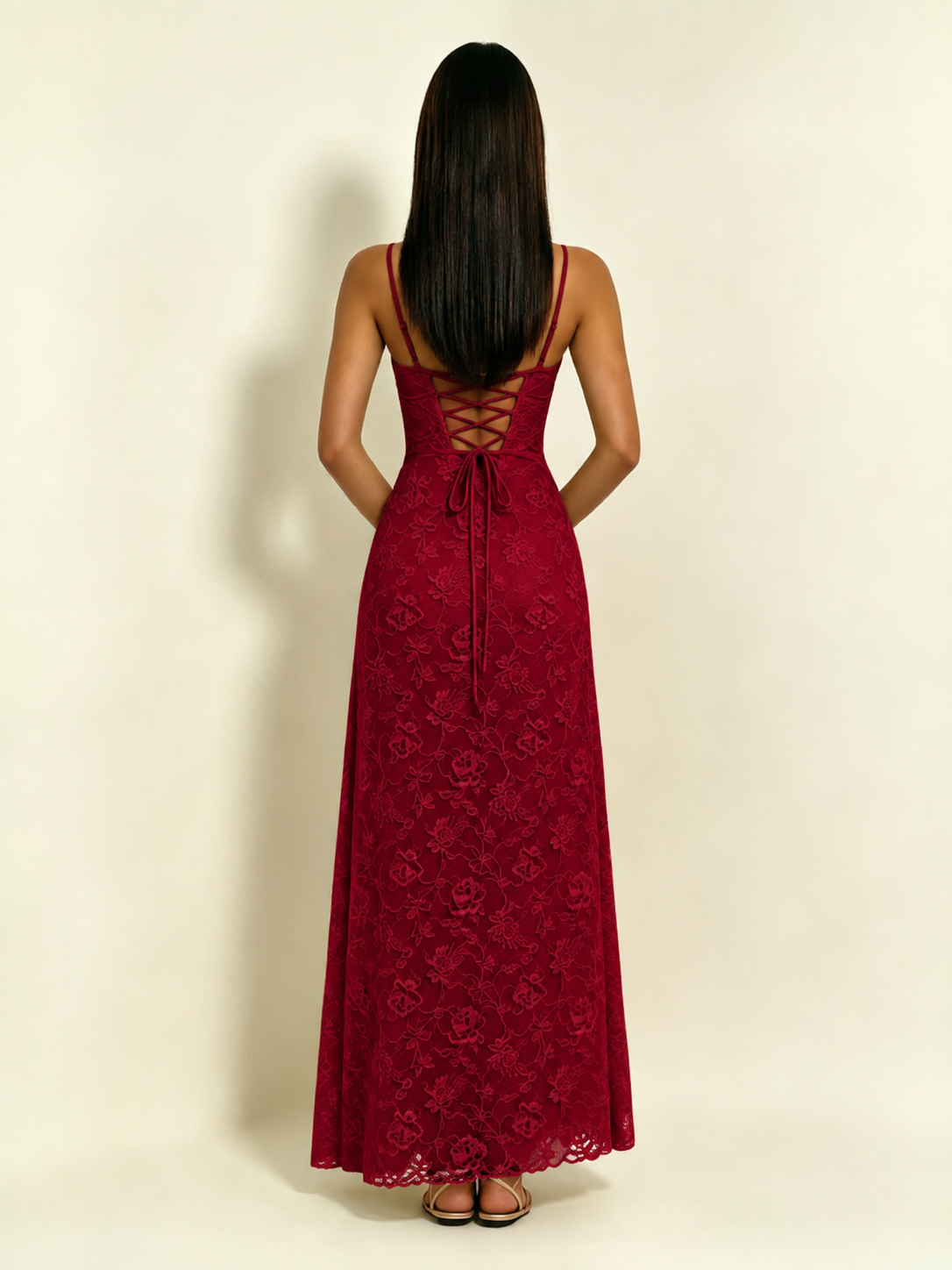 Satin Bust Lace Midi Maxi Dress, Spaghetti Strap Cross Lace Up Back Bridesmaid Dress