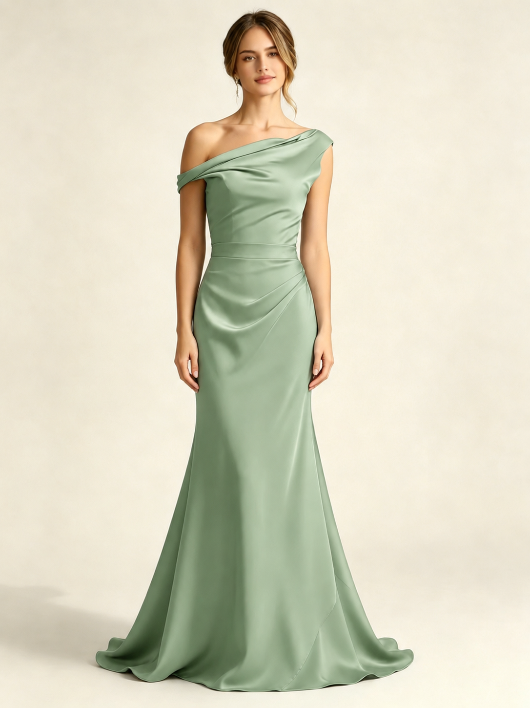 Satin Mermaid Bridesmaid Maxi Dress, Asymmetrical Off Shoulder Ruched Waist Open Back