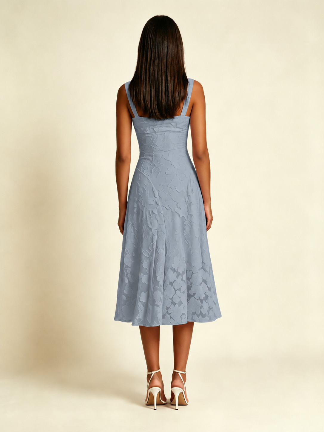 3D Floral Jacquard Square Neck Midi Dress