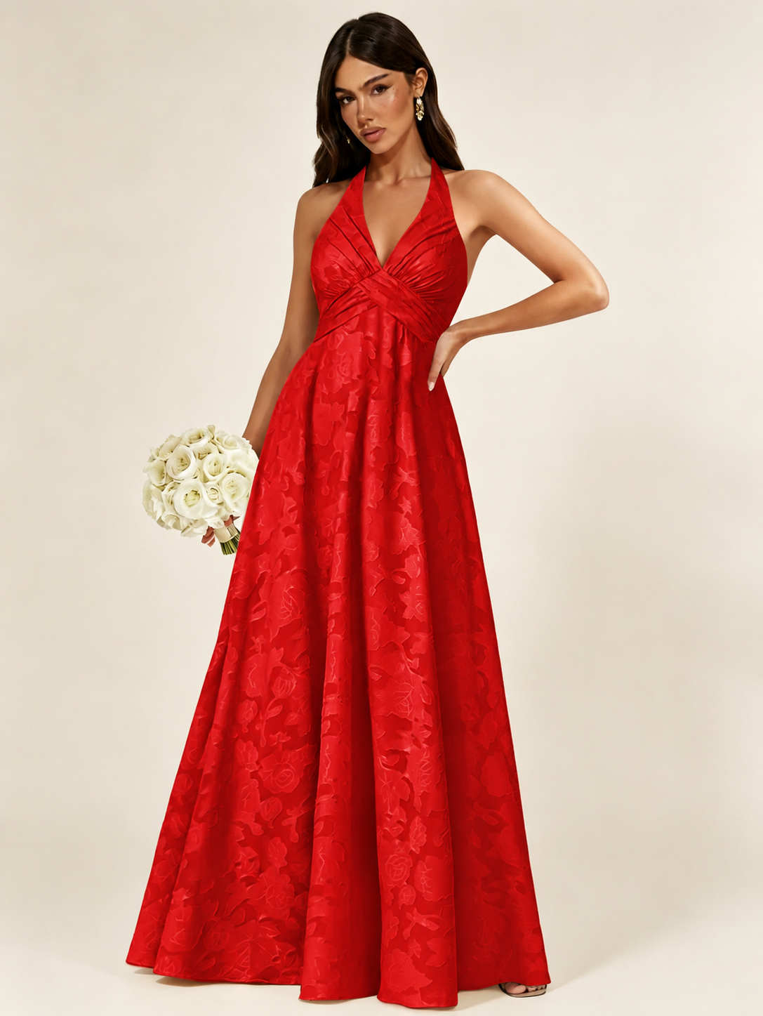 Floral Jacquard Halter Deep V A-Line Maxi Dress Backless Lace-Up Corset Bridesmaid Dress