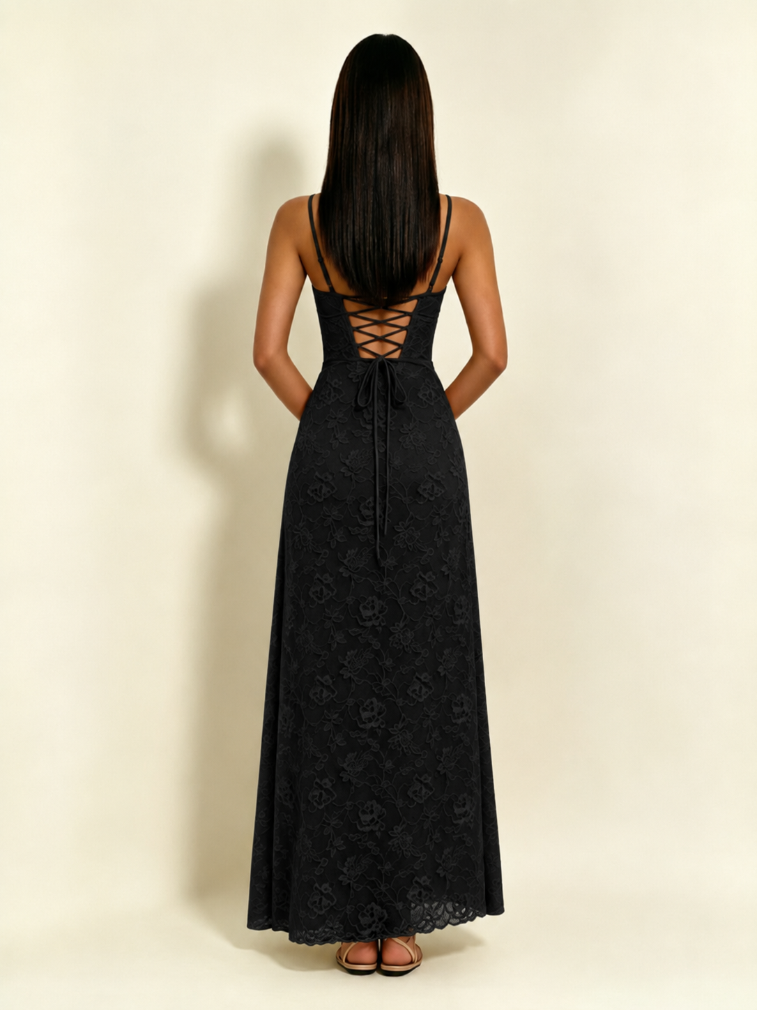 Satin Bust Lace Midi Maxi Dress, Spaghetti Strap Cross Lace Up Back Bridesmaid Dress